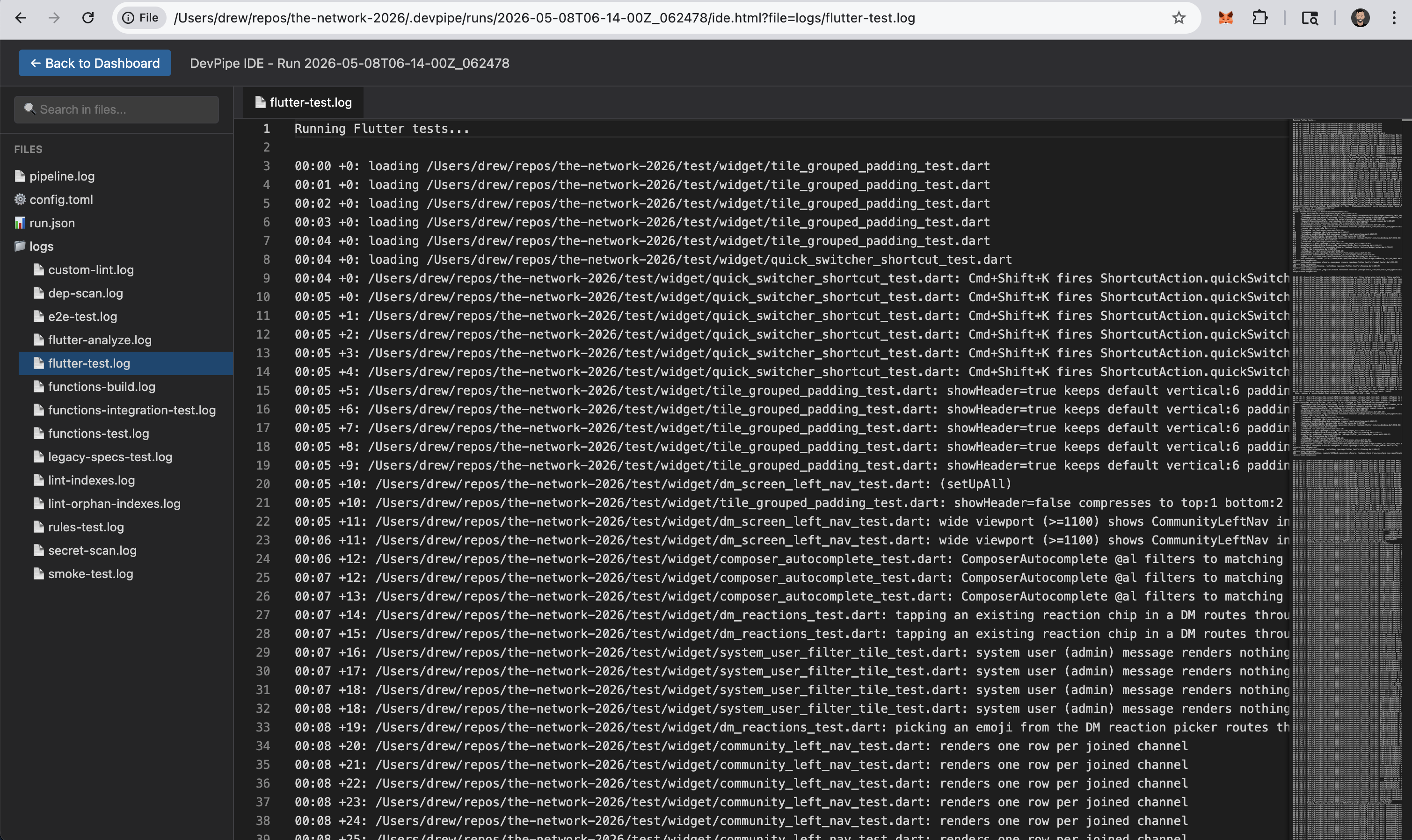 DevPipe IDE log viewer with file tree on the left and flutter-test.log open on the right