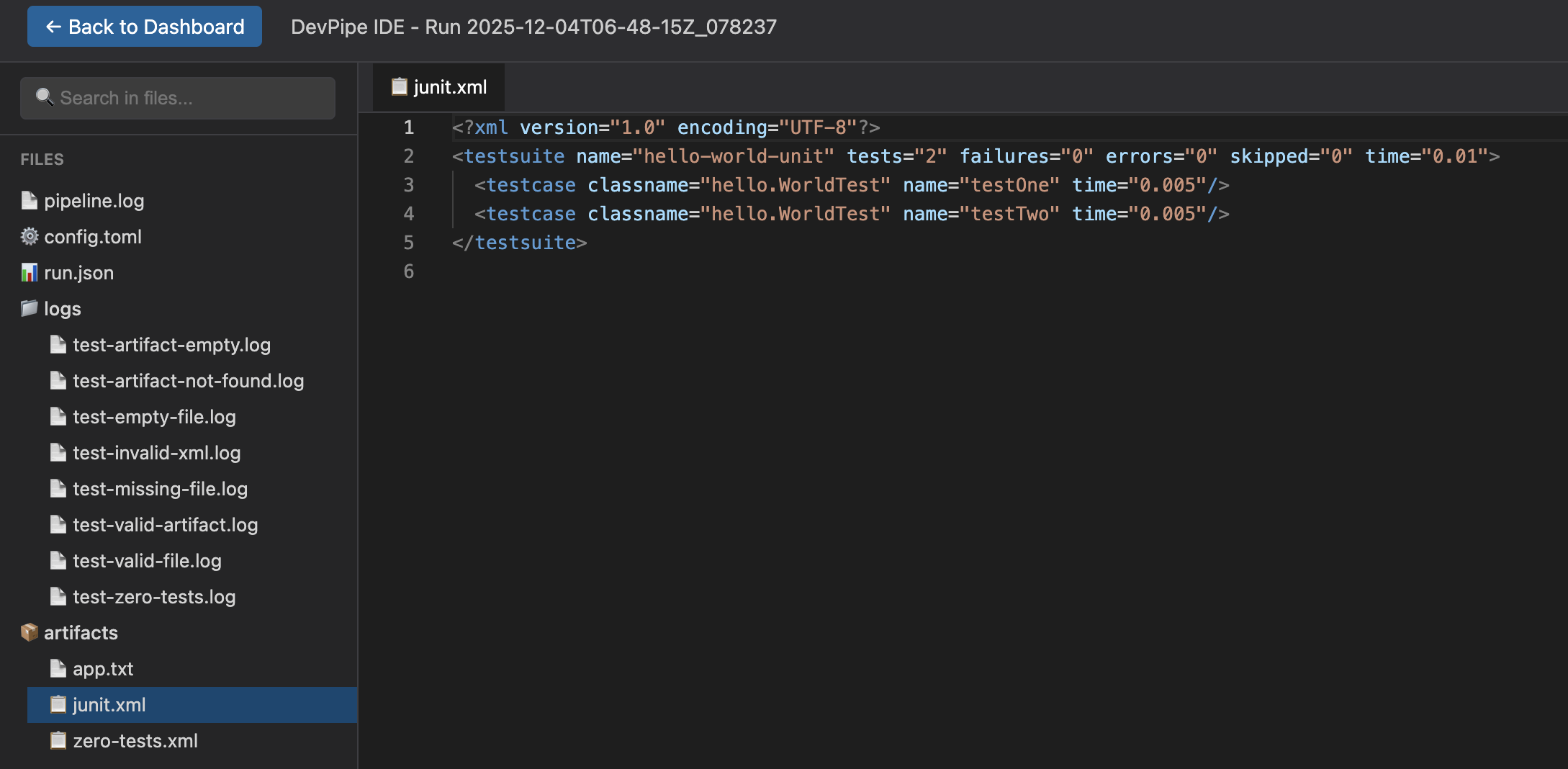 IDE integration showing devpipe results