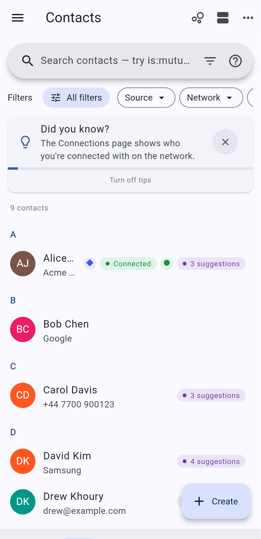 Contacts list with connection status and AI suggestions