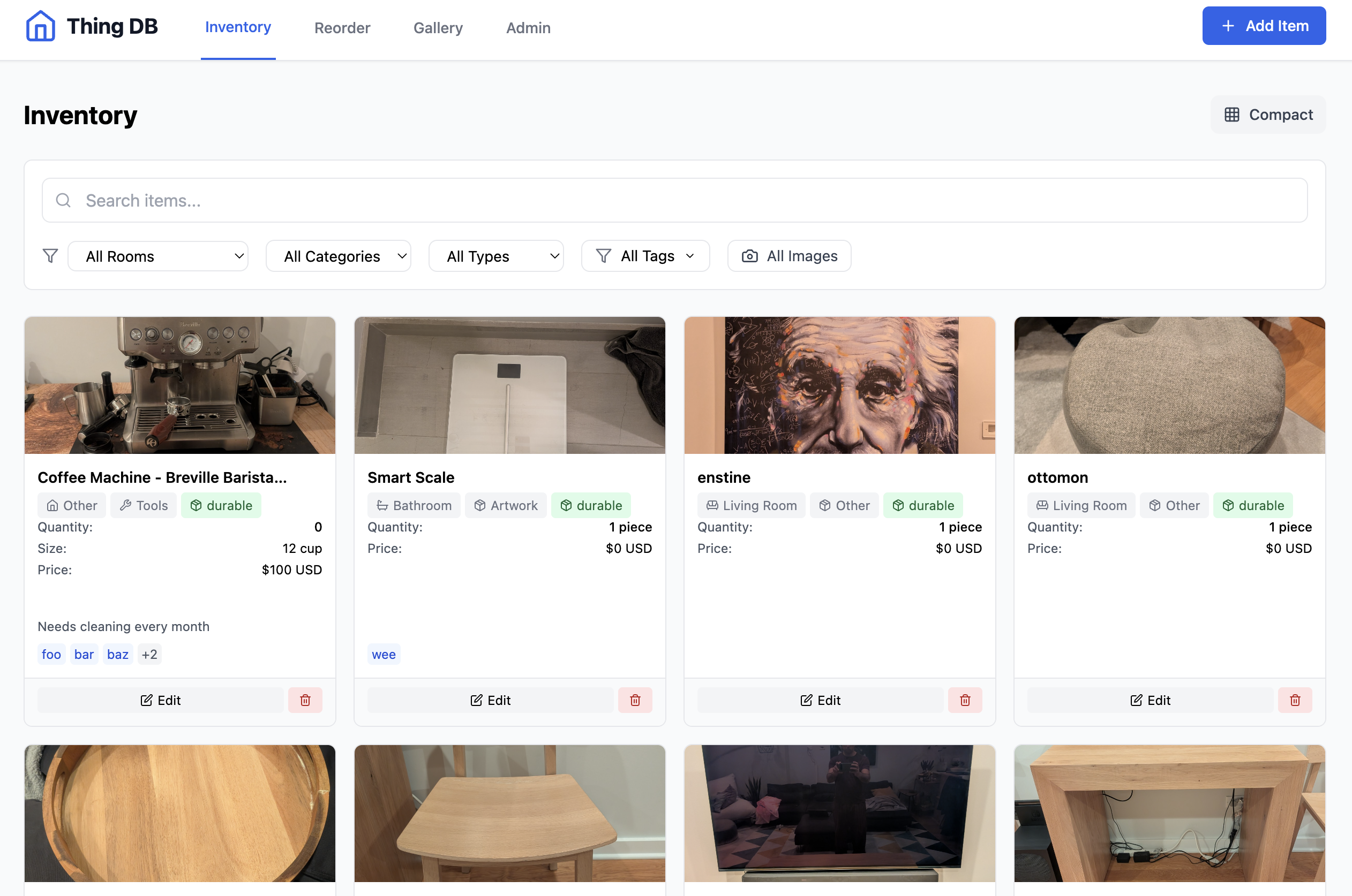 Inventory list-card view with quantities, prices, tags and edit shortcuts