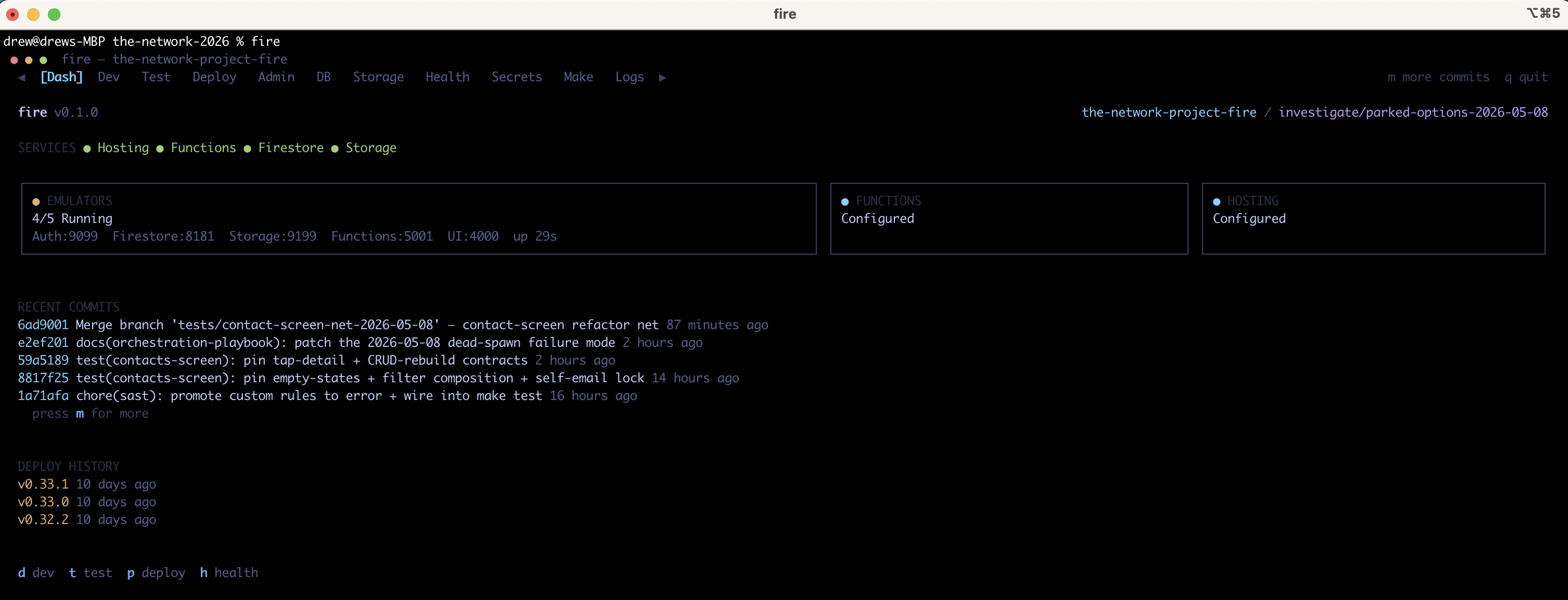 fire-tui dashboard showing services, emulators, recent commits and deploy history