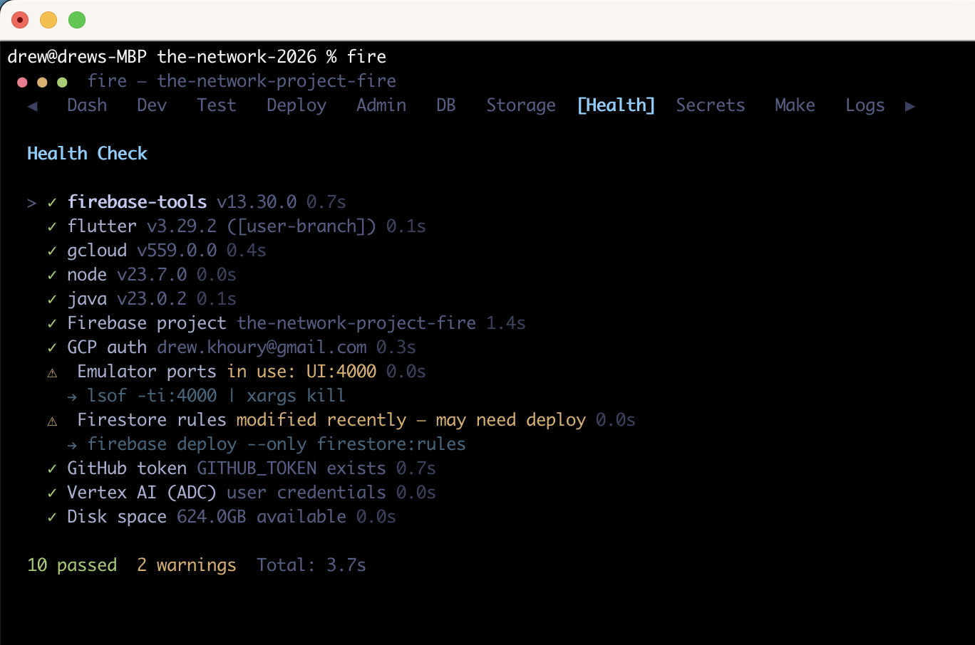 Health check view listing firebase-tools, flutter, gcloud, node, java versions, Firebase project, GCP auth, GitHub token, Vertex AI ADC, disk space — 10 passed, 2 warnings