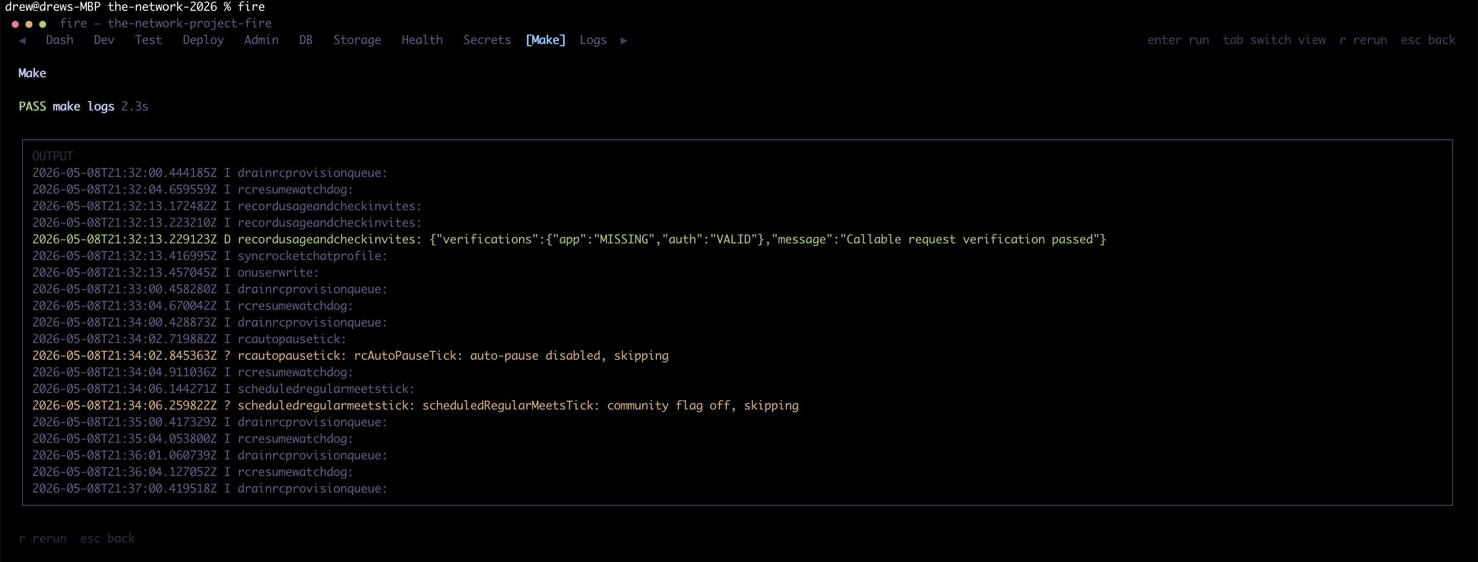 Make logs panel inside fire-tui showing PASS make logs and a stream of structured JSON log lines from the running emulators