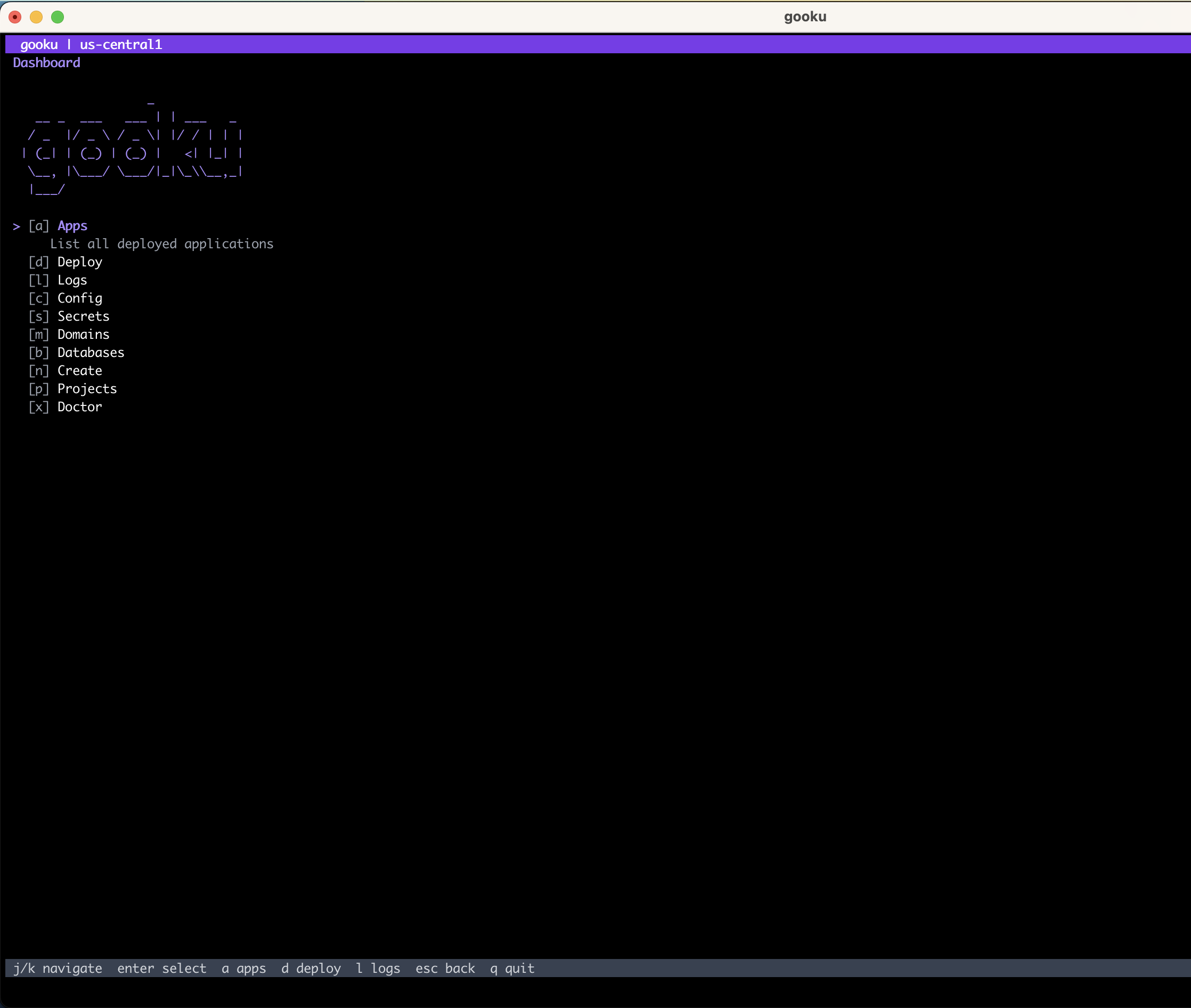 Gooku dashboard with figlet header, region us-central1, and a single-letter menu for Apps, Deploy, Logs, Config, Secrets, Domains, Databases, Create, Projects, Doctor