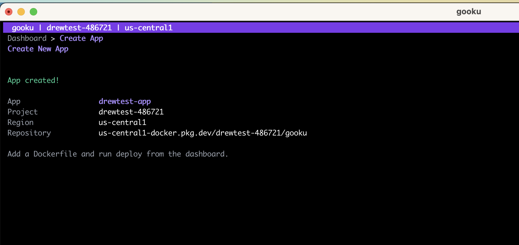 App created success view showing app name, project, region, and Artifact Registry repository path