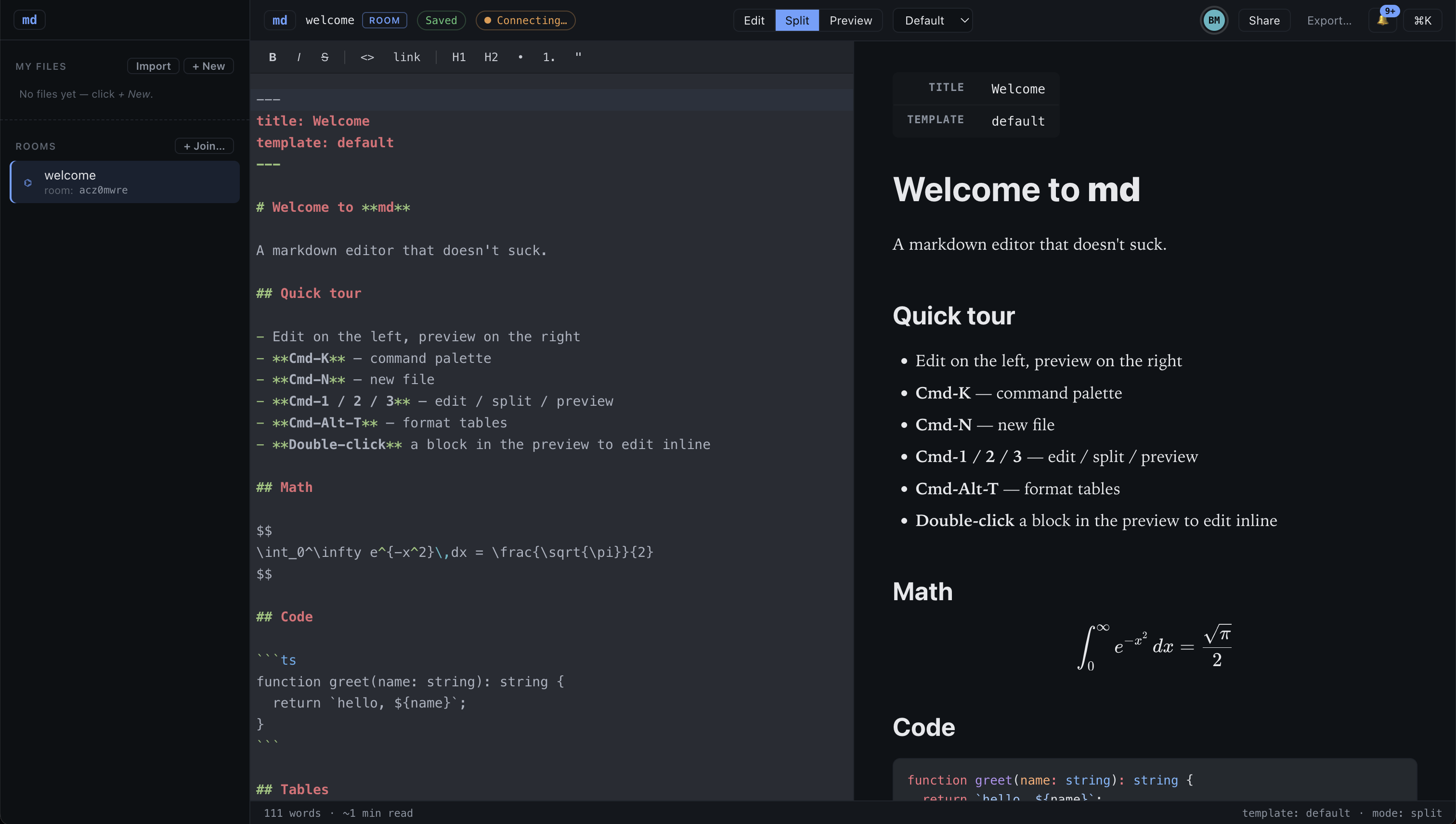 md editor in split mode — raw markdown on the left (frontmatter, headings, lists, math, fenced code) and rendered preview on the right with serif headings and KaTeX math. Status bar shows 111 words, template: default, mode: split.