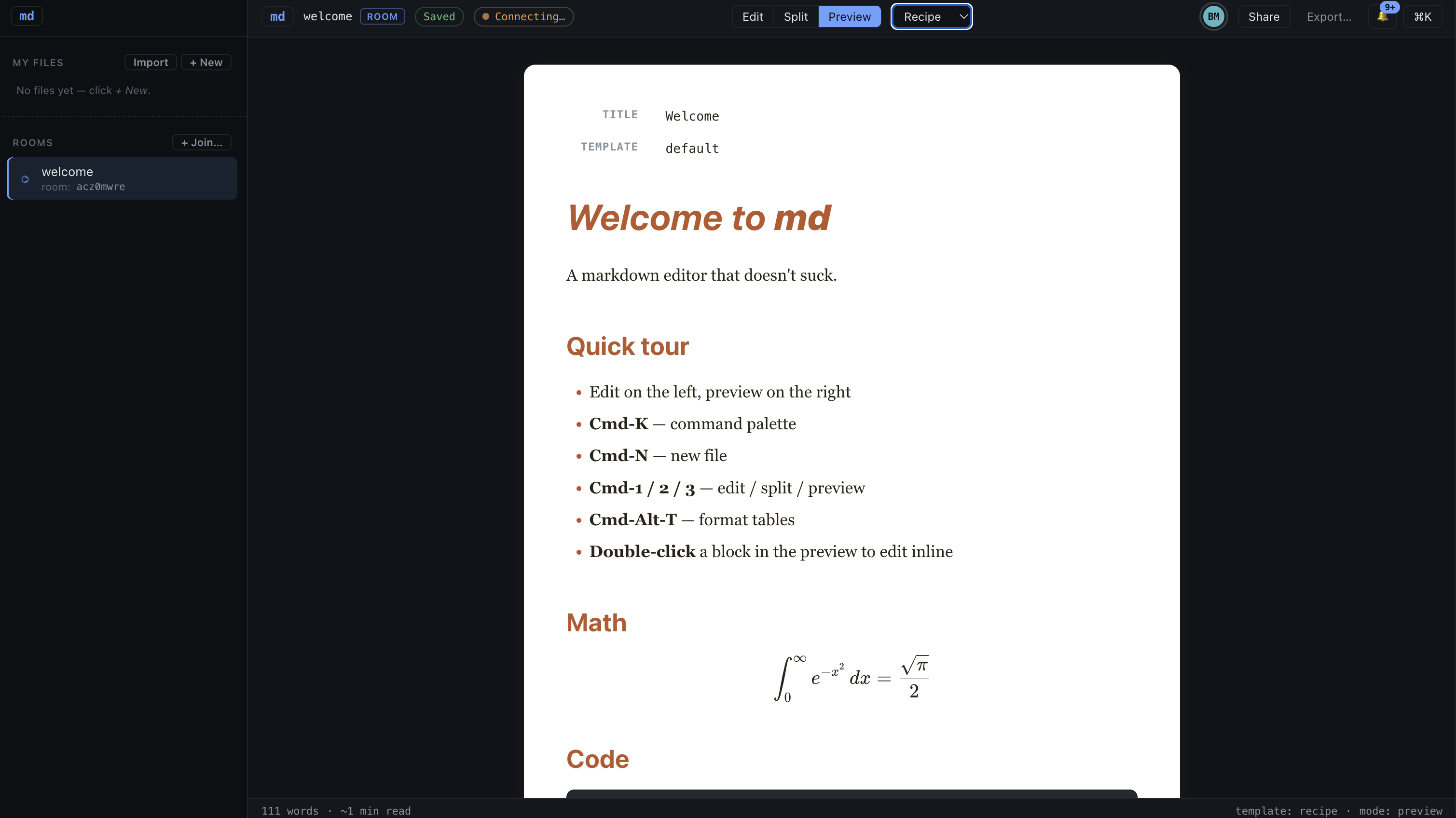 md editor in preview-only mode rendering the welcome document with a Recipe template applied — serif title, bullet list of Cmd-key shortcuts, a KaTeX equation, code block.