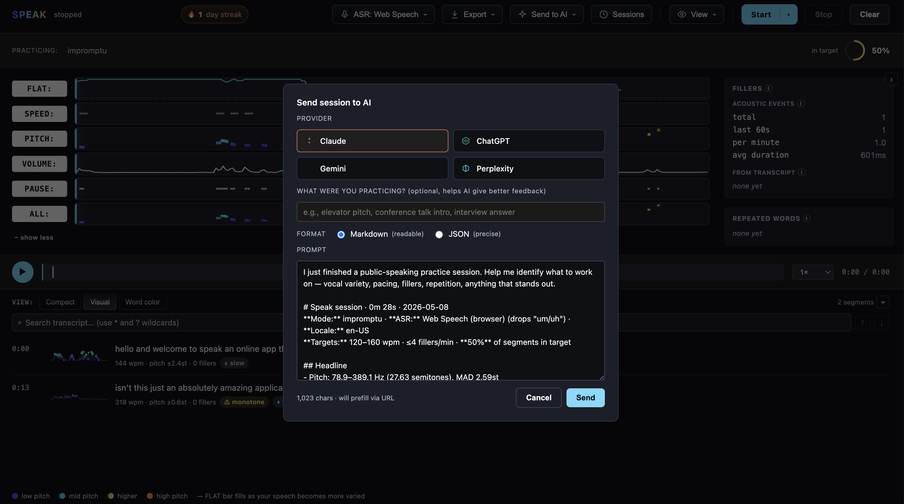 Send session to AI modal showing provider options (Claude, ChatGPT, Gemini, Perplexity), markdown vs JSON format, and a prefilled prompt with structured speech metrics