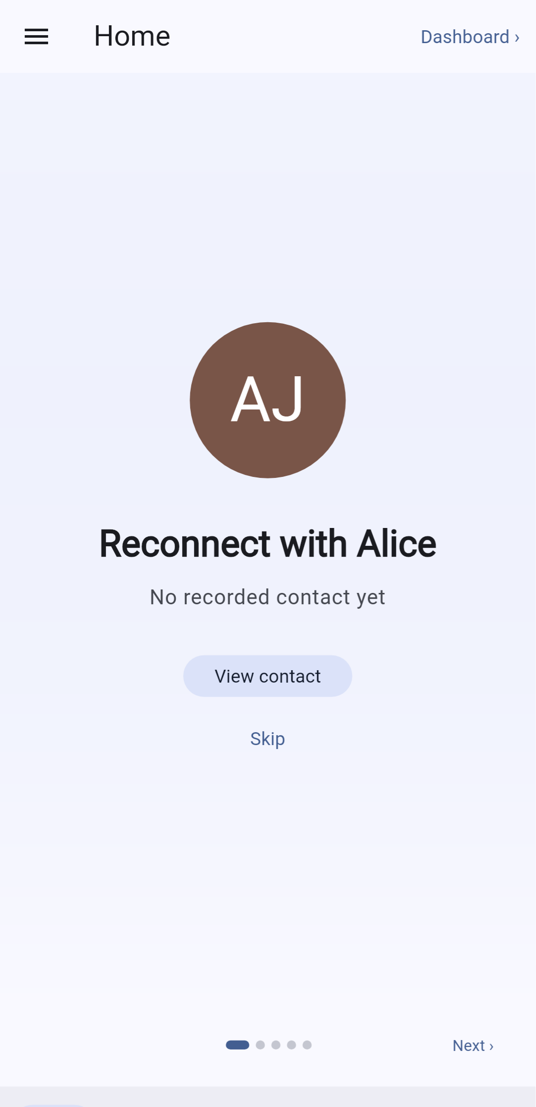 Home screen prompting to reconnect with Alice