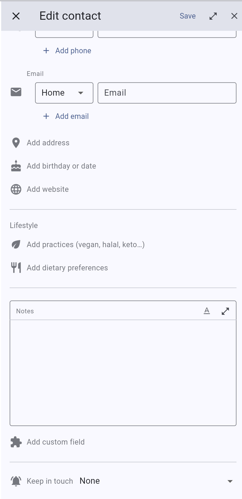 Edit contact form on web with phone, email, address, birthday, website, plus a Lifestyle section for practices (vegan/halal/keto) and dietary preferences, notes, custom fields, and Keep in touch cadence