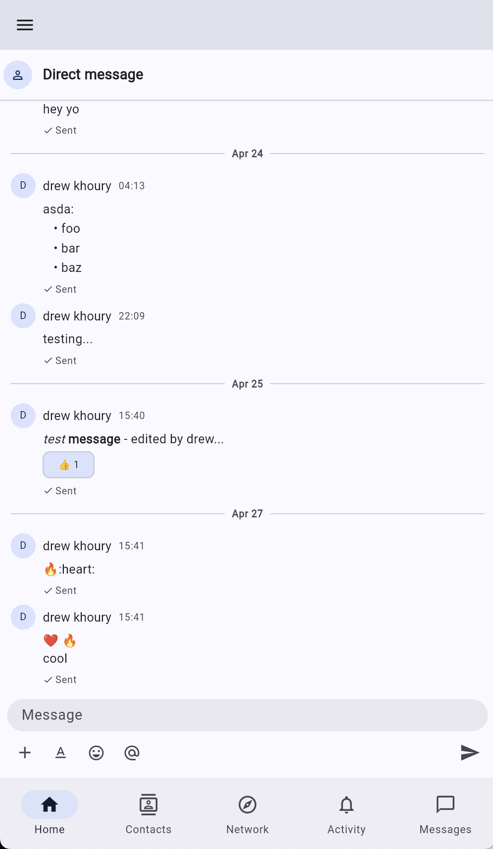 Direct message thread with rich text (lists, bold, italics), emoji, reactions and edit history