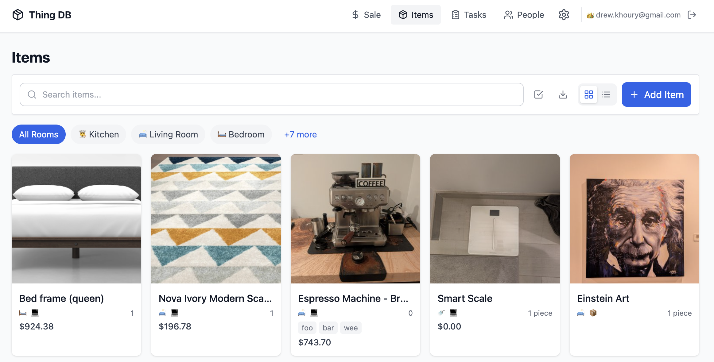ThingDB items grid showing a bed frame, scarf, espresso machine, smart scale, and Einstein art